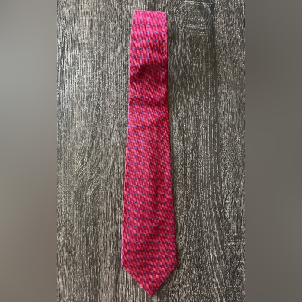 Lauren Ralph Lauren Blue & Red Polka Dot Linen Silk Blend Tie - Picture 2 of 8